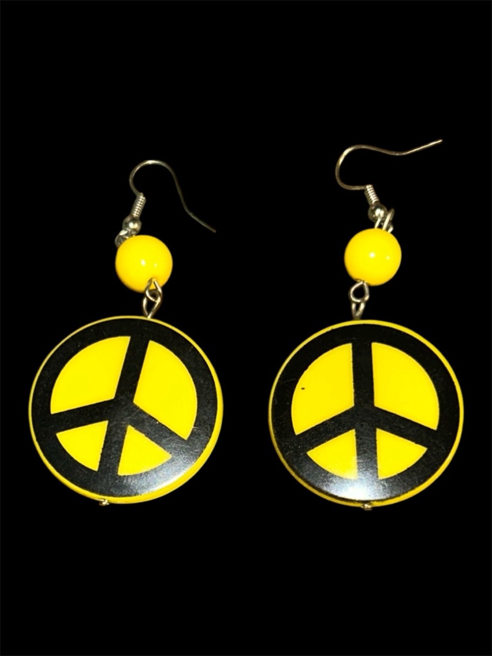 Vintage Retro Yellow & Black Peace Sign Dangle Earrings | Mod 60s 70s Style